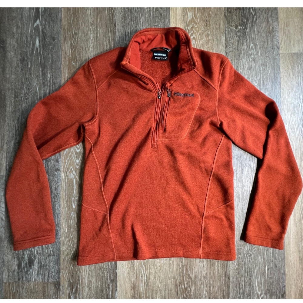 Marmot Fleece Pullover Mens Medium Orange 1/4 Zip Chest Pocket Sweater 2991